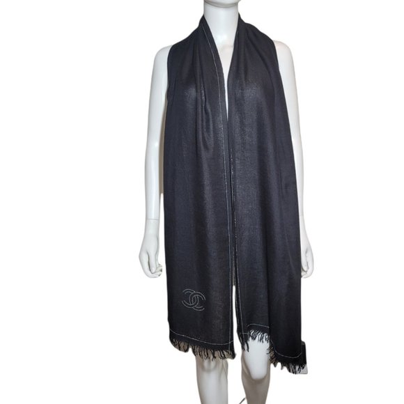 Chanel Black Thin Cashmere and Chain Scarf - Picture 2 of 6